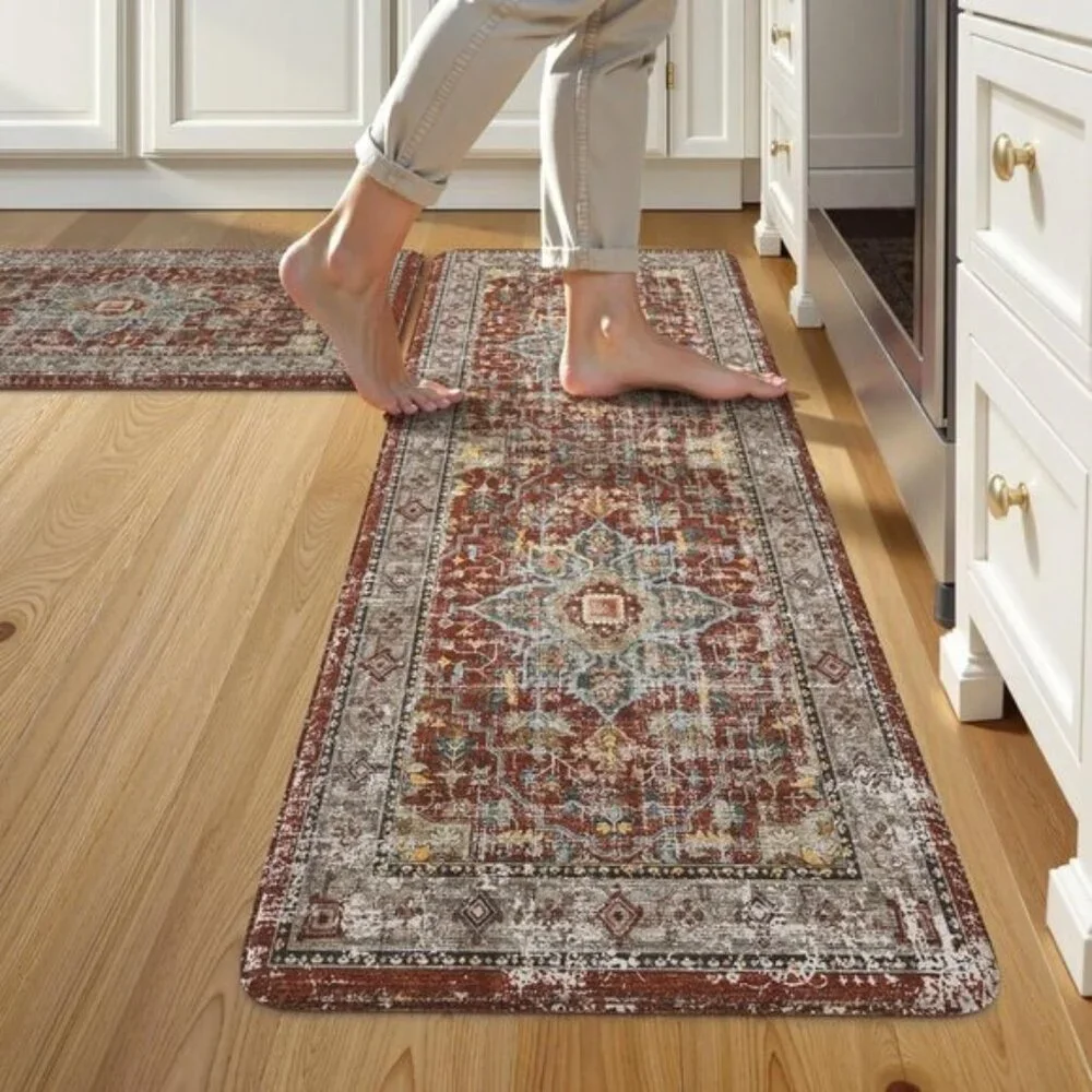 New Set of 2 Vintage Red Kitchen Rug, Anti-Fatigue, Non-Slip, Waterproof Mats
